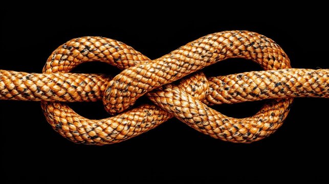 Intricate close-up of a curved orange rope tied in a detailed knot against a black background with ample empty space for text and design elements.