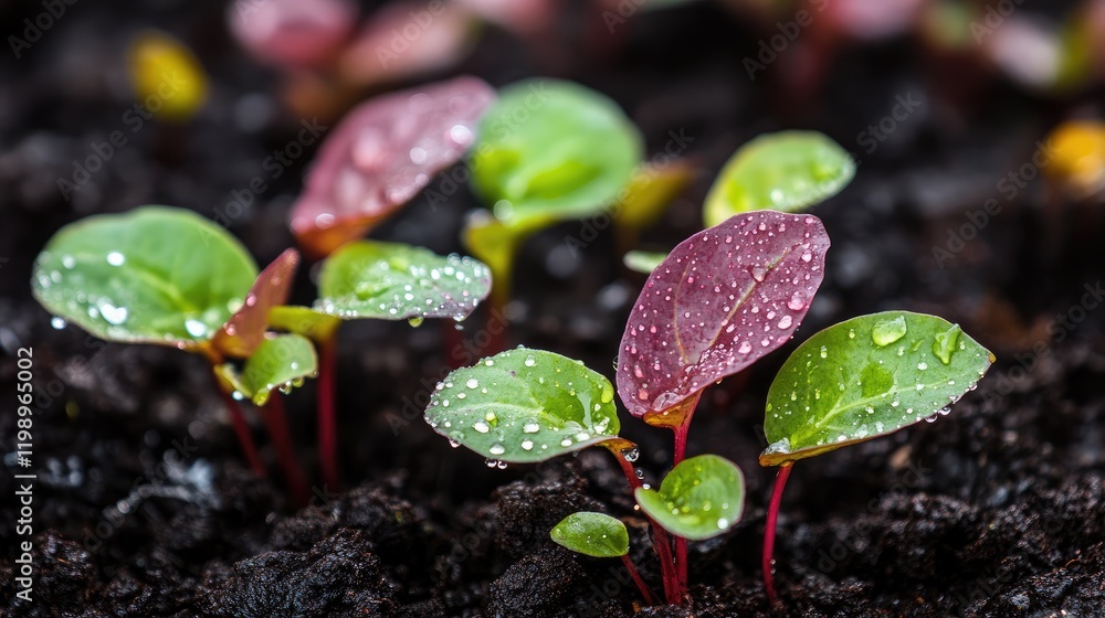 Poster fresh green sorrel leaves with raindrops on soil background in nature scene with copy space for text