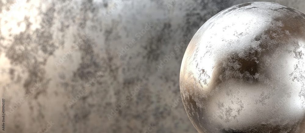 Poster close-up of a polished metallic sphere reflecting light against a textured gray background with nega