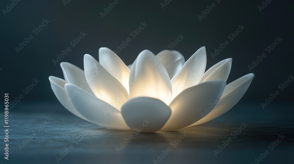 Poster close up of soft white lotus flower petals illuminated by gentle light against a dark background wit