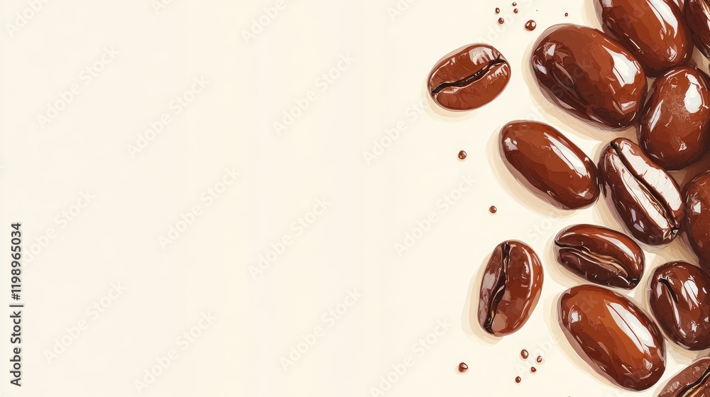 Aufkleber glossy brown coffee beans on light beige background with empty space for text ideal for branding and