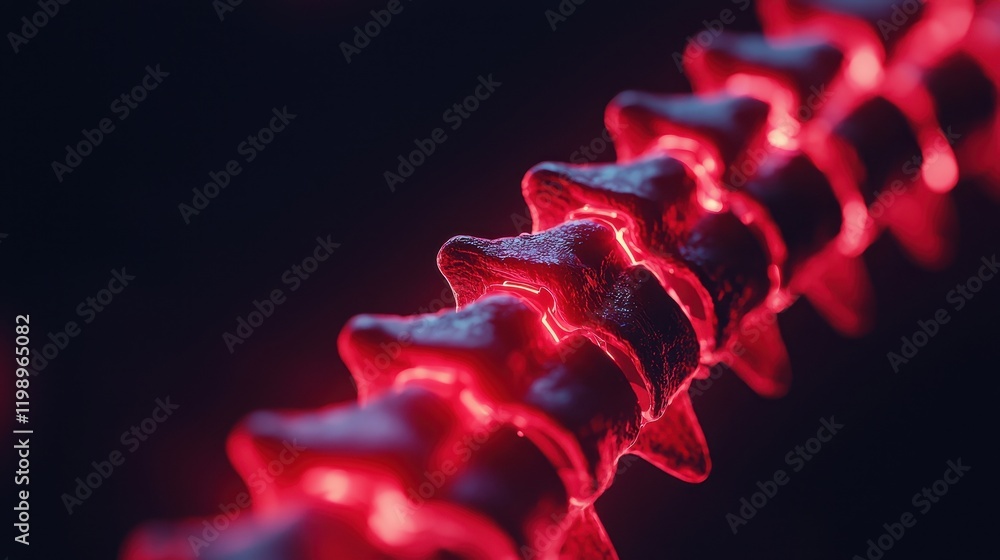 Poster a close-up view of a stylized spine illuminated with red light, showcasing its intricate vertebrae a