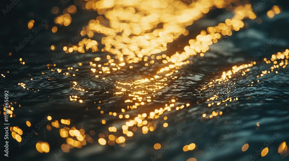 Poster golden light reflections shimmering on dark blue water surfaces, macro close-up with ample negative 
