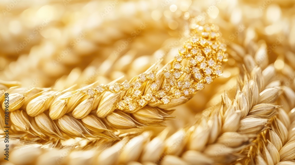 Poster close up of golden wheat detail in bright sunlight with blurred background and empty copy space for 