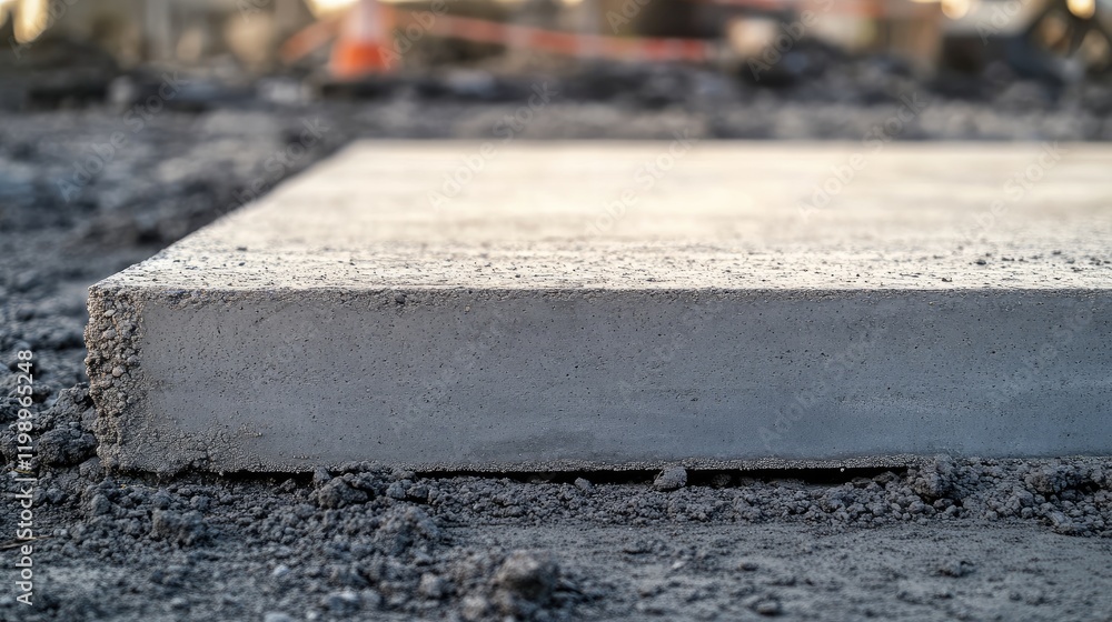 Poster close-up view of a gray concrete slab on a textured gray street surface with blurred construction ba
