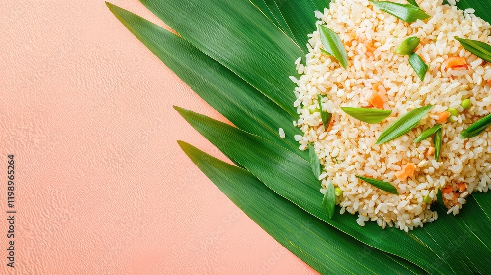 Aufkleber Close up top view of cooked rice with green onion on vibrant green leaves against soft peach background with ample empty space for text