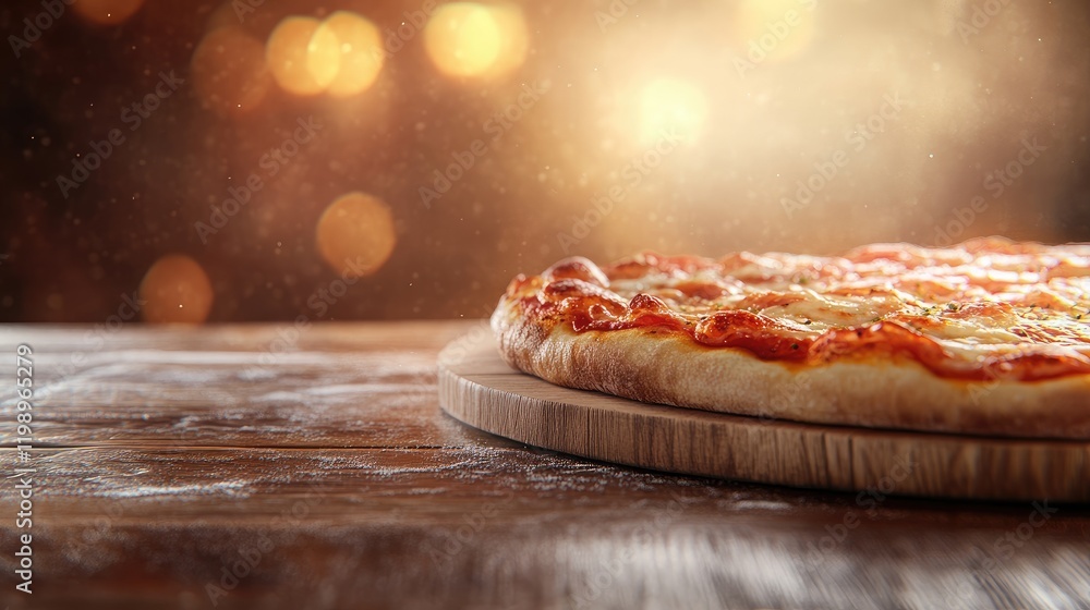 Poster close up of golden brown freshly baked pizza on a wooden table with soft bokeh background and empty 