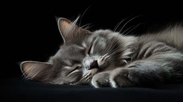 Close up portrait of a serene Persian gray cat resting on a smooth black surface against a dark backdrop with ample copy space for text