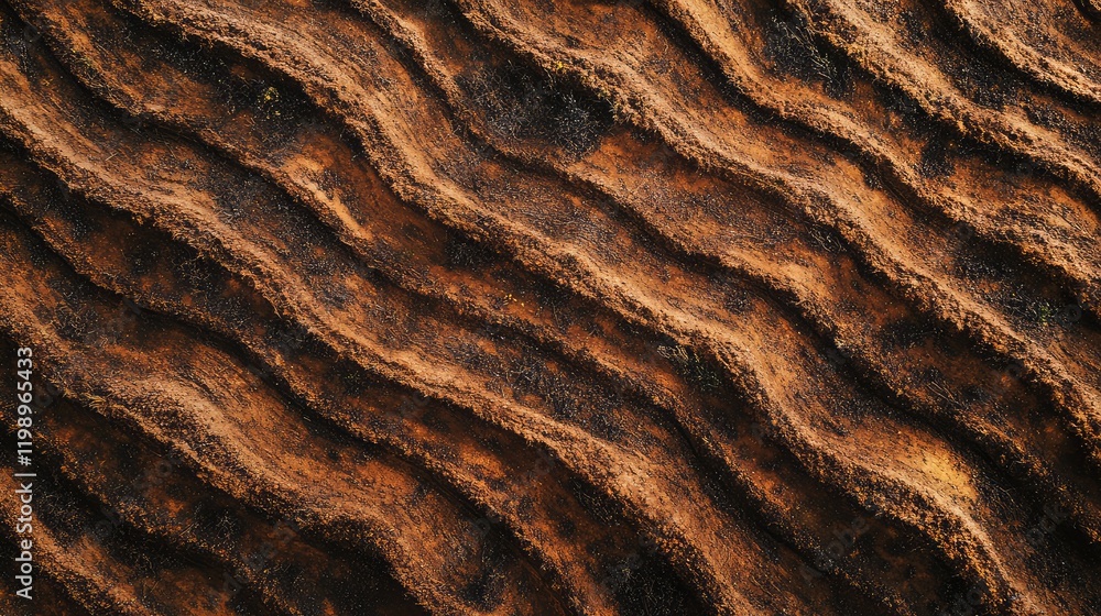 Poster Aerial view of cultivated agricultural field with textured brown soil patterns and empty space for text in the foreground