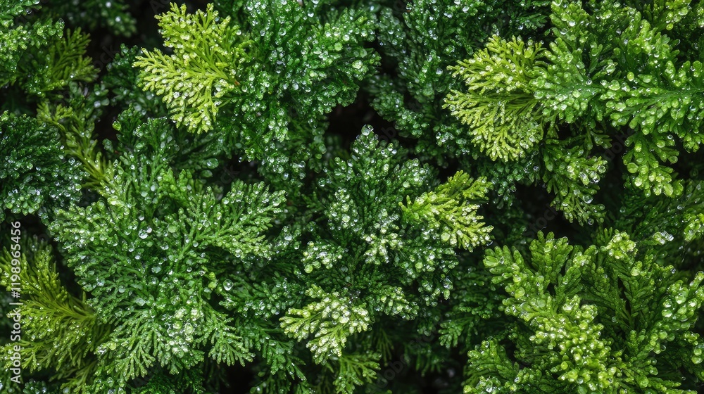 Poster lush green winter foliage with dew droplets highlighting texture and vibrant colors in a top-down vi