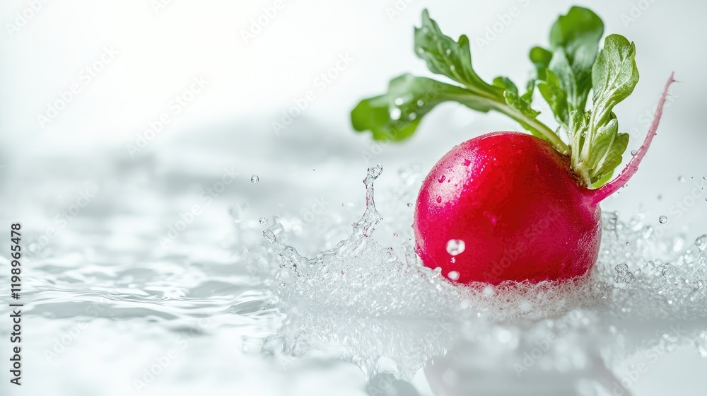 Poster fresh bright red radish splashing in clear water with lively green leaves against a clean white back