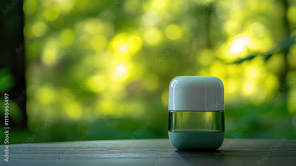 Poster close up of green glass omnipod with cannabis oil against blurred lush green background and empty sp