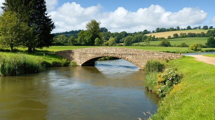 Fototapeta premium Scenic stone bridge over a tranquil river in a lush landscape.