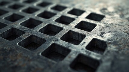 Close up view of a metallic drainage grate with rust texture on a dark surface featuring a textured pattern and ample blank space for text