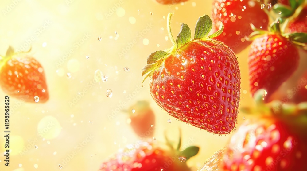 Poster vibrant close up of fresh ripe strawberries suspended in mid-air against a soft golden background wi