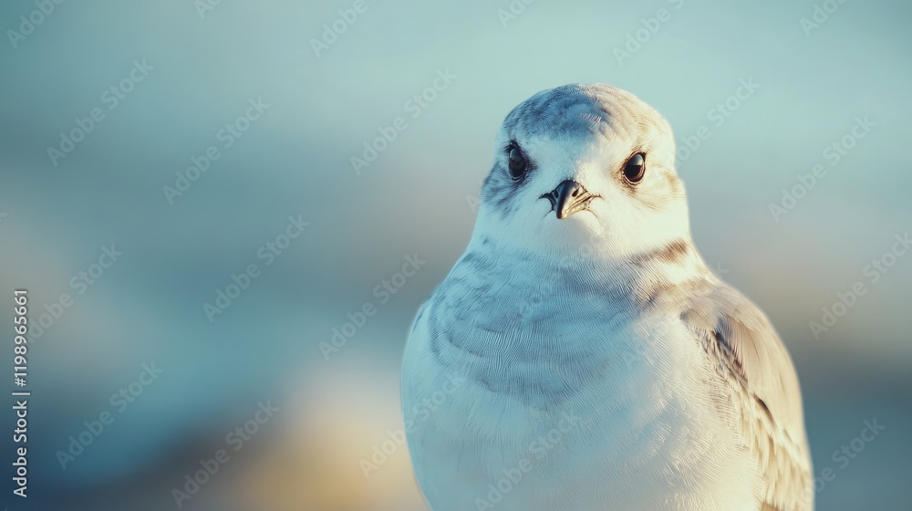 Poster Close up portrait of a piping plover against a soft blue coastal background with clear sky illuminated by soft sunlight and empty text space