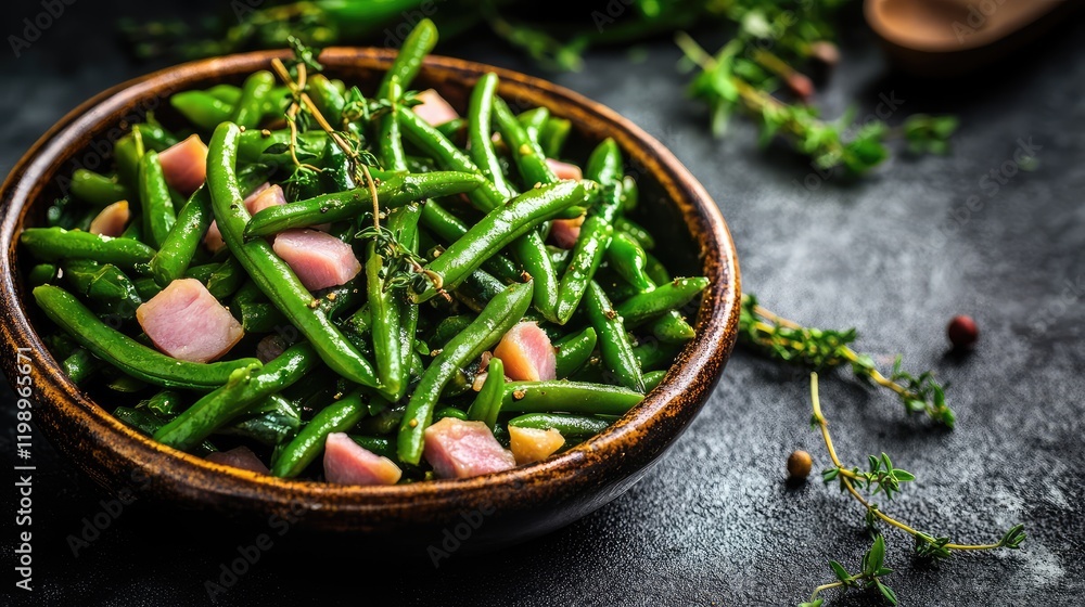 Poster close-up of sautã©ed green beans with diced ham and fresh herbs in a dark ceramic bowl on a textured
