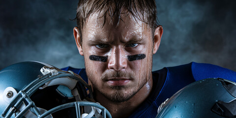 Game Face: Intensity of an American Football Player. Close-up portrait of a determined American football player, eyes locked in a fierce gaze.