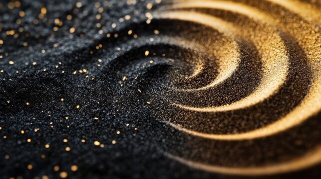 Detailed view of swirling black and gold sand grains, featuring a central AI-generated logo and ample space for text placement.