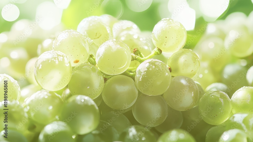 Poster close up of fresh green grapes with water droplets on a blurred green background and ample copy spac
