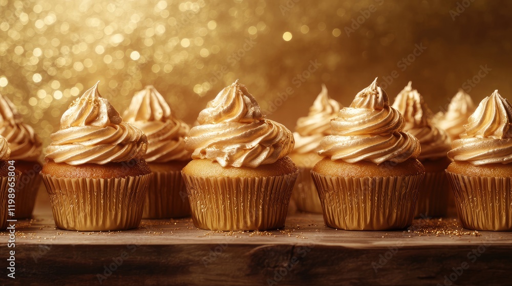 Aufkleber Luxurious golden cupcakes with swirled frosting arranged on a textured wooden table with shimmering gold backdrop and ample empty space for text.