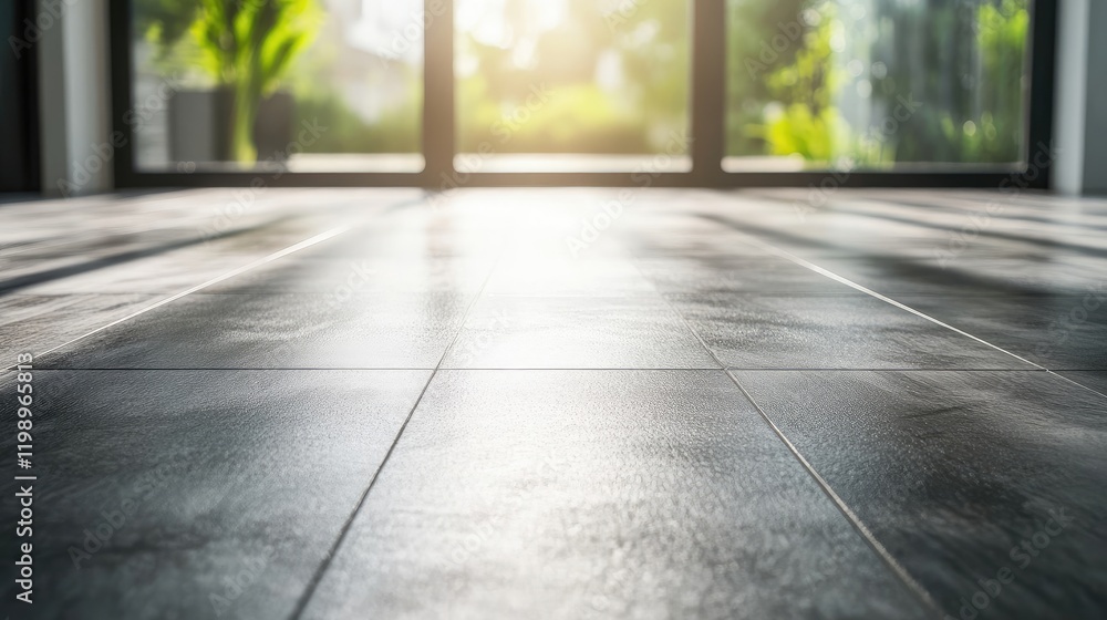 Poster clean indoor floor with modern gray tiles reflecting sunlight near large windows, ideal for janitori