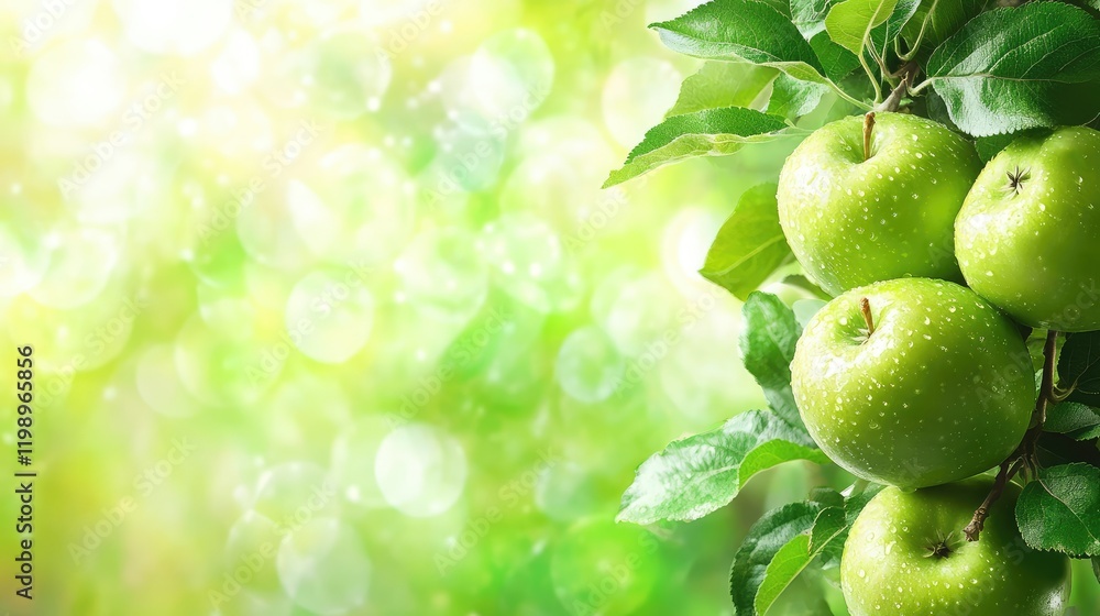 Aufkleber Close Up of Fresh Green Apples on a Branch Surrounded by Lush Green Leaves Against a Soft Focus Orchard Background with Copy Space for Text