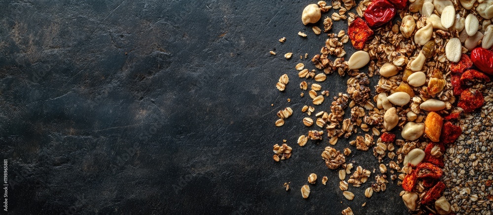 Poster close-up of a colorful assortment of organic nutritious snacks including nuts and dried fruits on a 