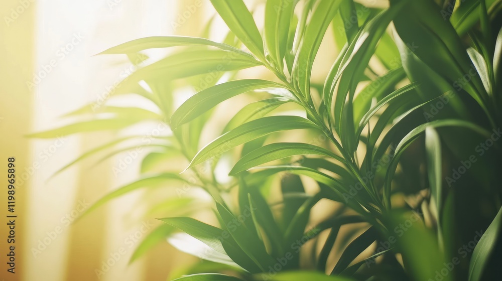 Poster lush green indoor plant leaves in warm diffused lighting with soft glare against a blurred backgroun