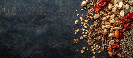 Close-up of a colorful assortment of organic nutritious snacks including nuts and dried fruits on a dark textured background with space for text