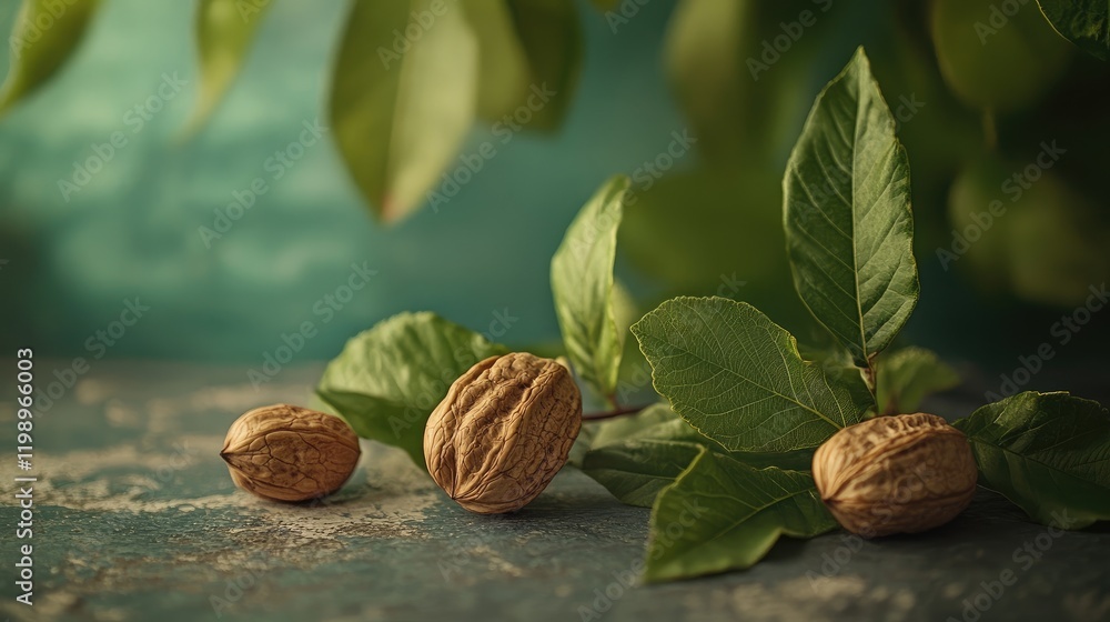 Poster fresh whole walnuts on rustic table surrounded by green leaves with soft muted background ideal for 