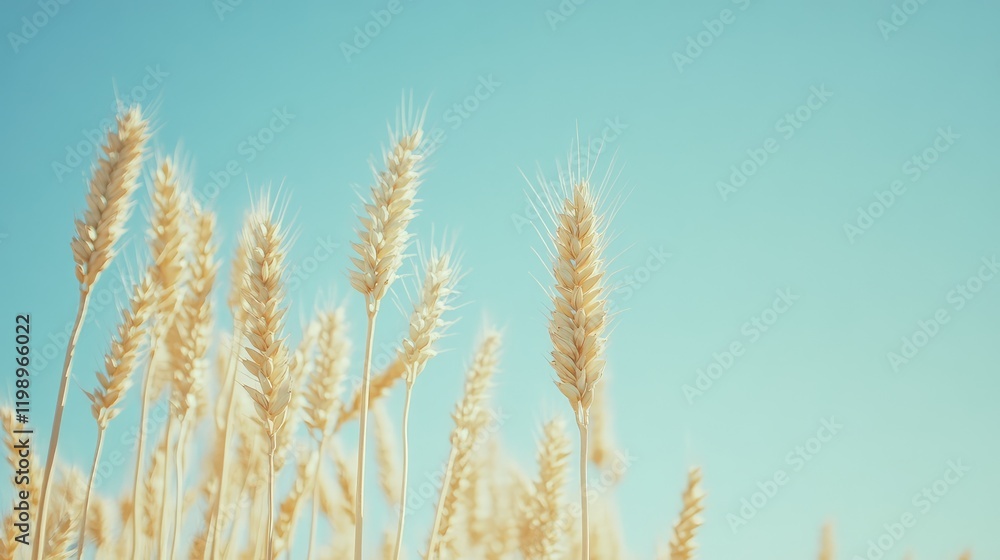 Aufkleber Close-up of yellow wheat spikes in a field against a bright azure sky with space for text