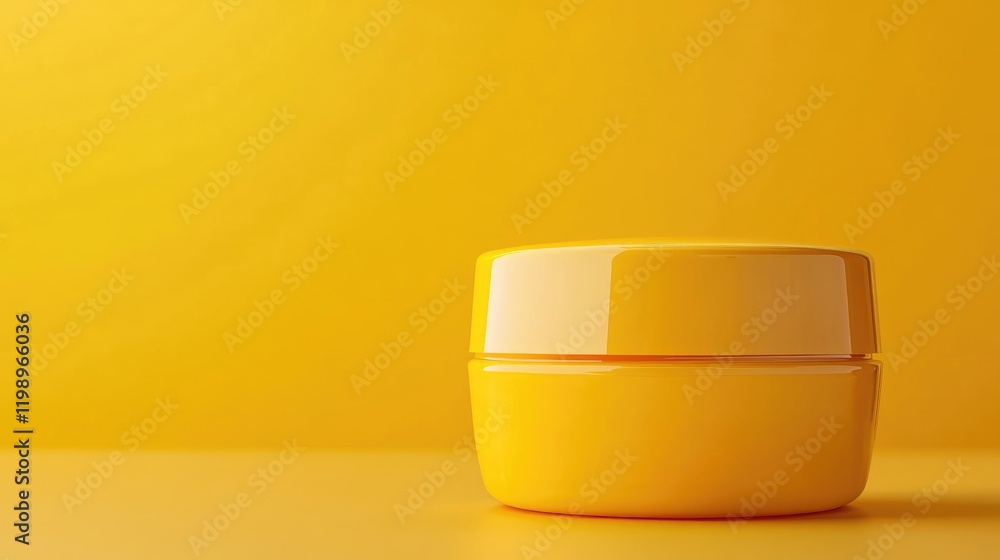 Poster Glossy yellow cosmetic container positioned on a solid vibrant yellow background with ample copy space for branding or text.