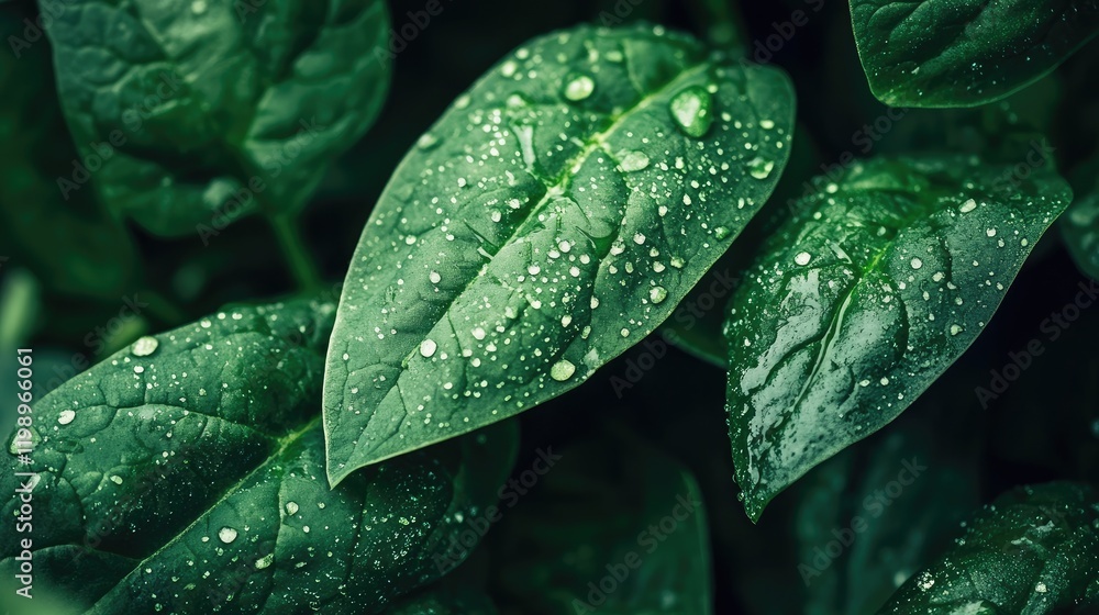 Poster close-up of vibrant wet green spinach leaves with water droplets on a dark background and ample empt
