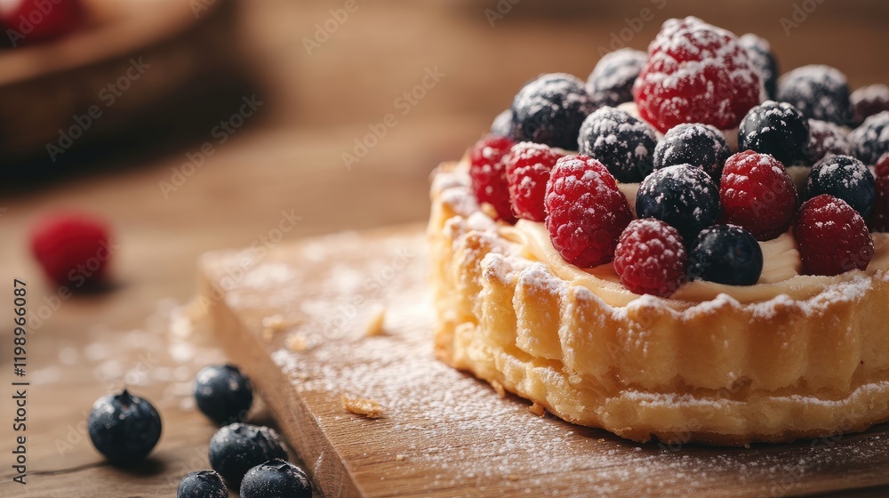 Aufkleber delicious close-up of a pastry topped with fresh raspberries and blueberries on a rustic wooden surf