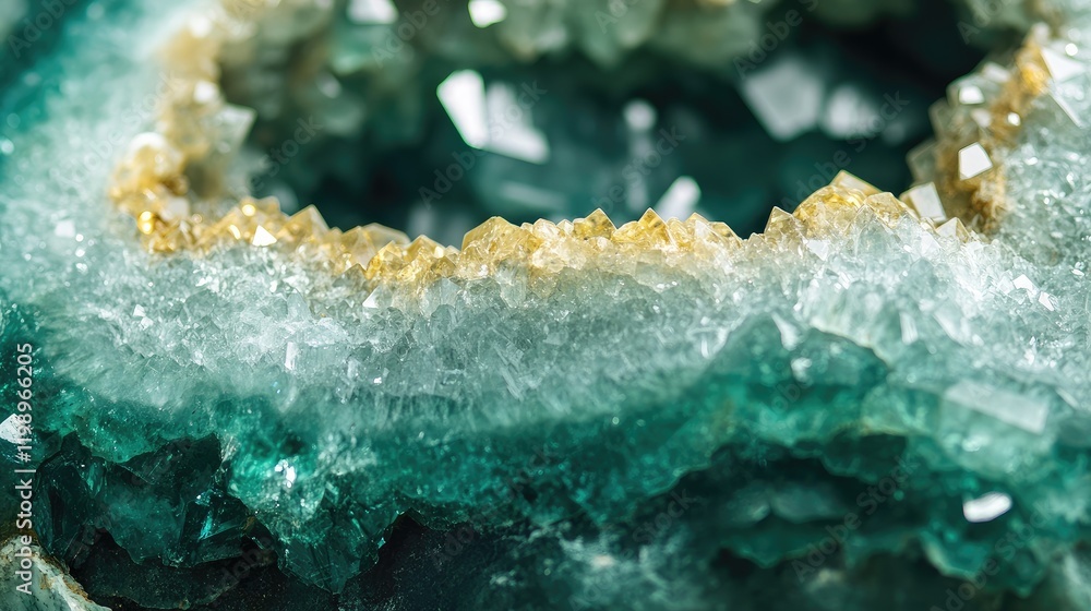 Poster glittering thick sage green geode stone crystal close-up with golden edges and empty text space on d