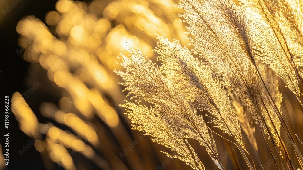 Poster golden hour sunlight glowing on delicate grass blades in warm golden tones with soft focus backgroun