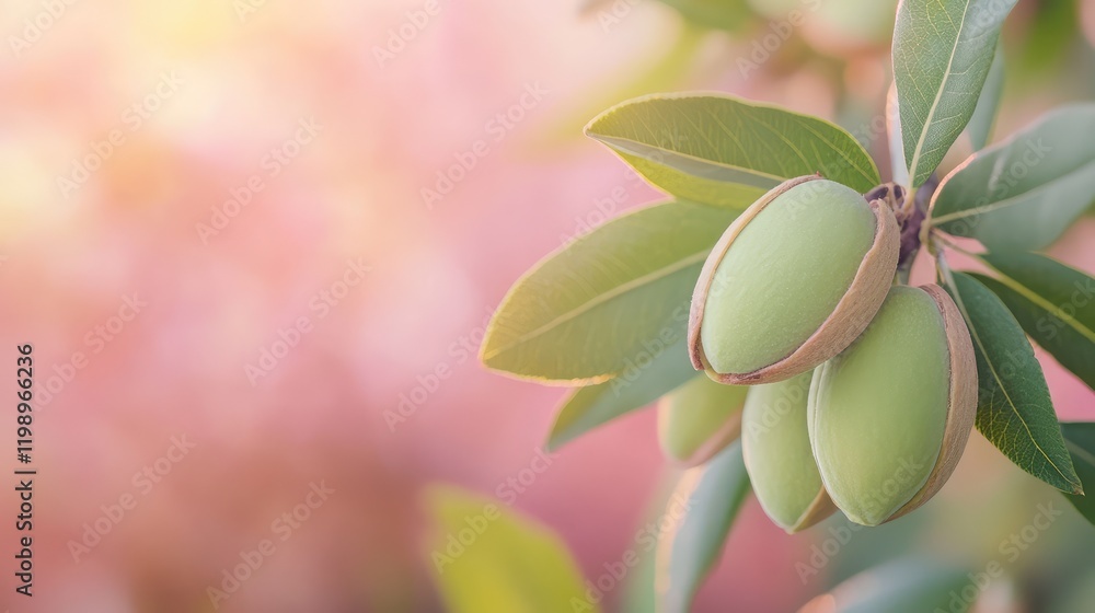 Aufkleber Close up of green almonds on blush colored background with nature leaves and soft light creating empty space for text and design elements