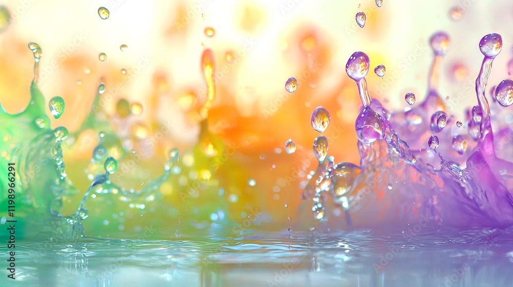 Poster vibrant rainbow colored liquid splashing, creating dynamic shapes and textures.