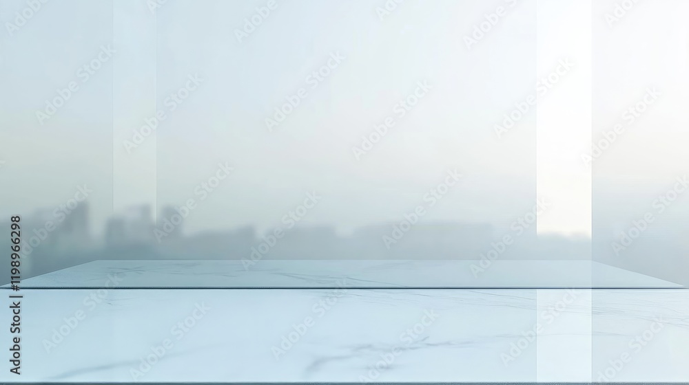 Poster transparent glass wall with a serene blurred cityscape background in soft gray tones providing ample
