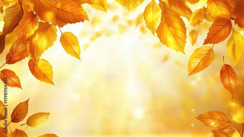 Poster close up of radiant golden autumn leaves illuminated by sunlight with a soft blurred background and 
