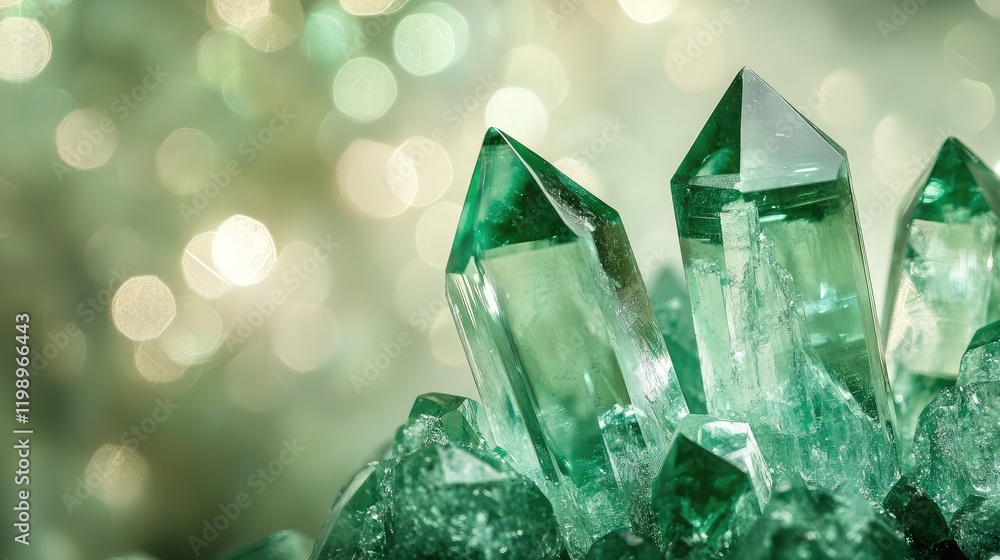 Poster Green crystal formation with sharp points on a bokeh background of soft green and gold hues, featuring ample copy space for text.