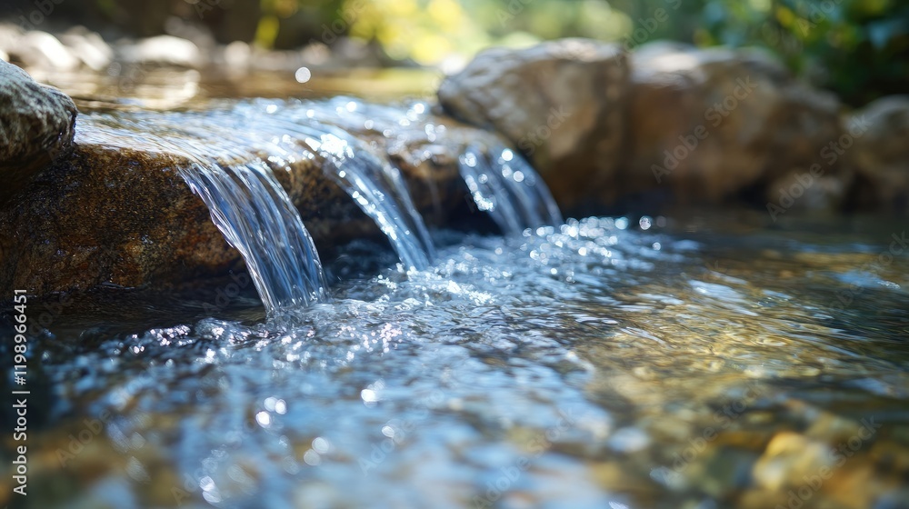 Poster crystal clear stream of drinking water flowing over rocks in a serene natural setting with sunlit re