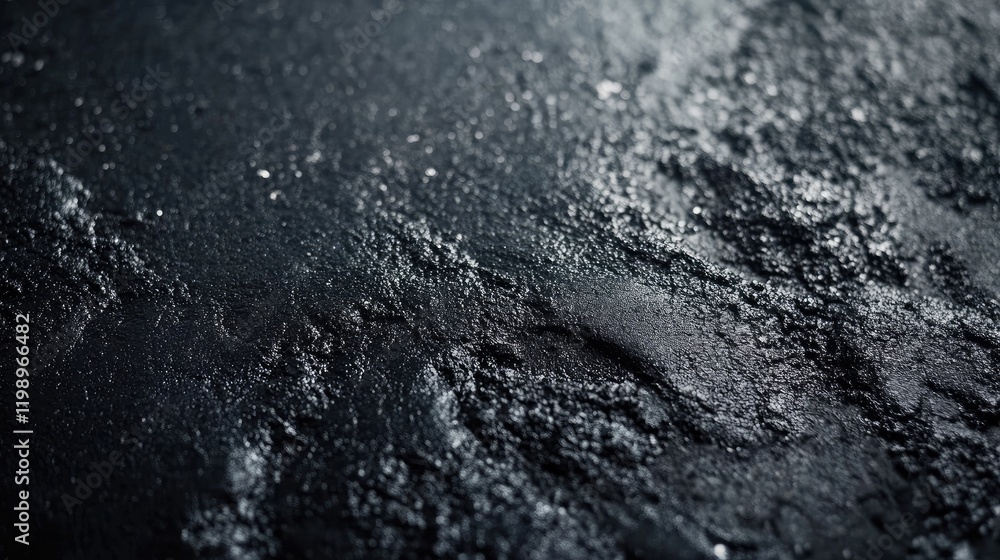 Poster freshly laid black asphalt surface texture with glossy finish and compacted granules under natural l