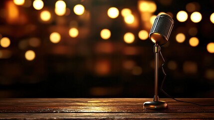 Vintage microphone on wooden table with blurred lights background.