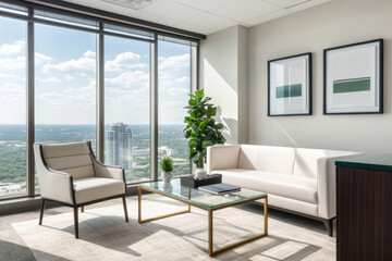 Fototapeta premium Bright and airy office with panoramic city view and modern furniture