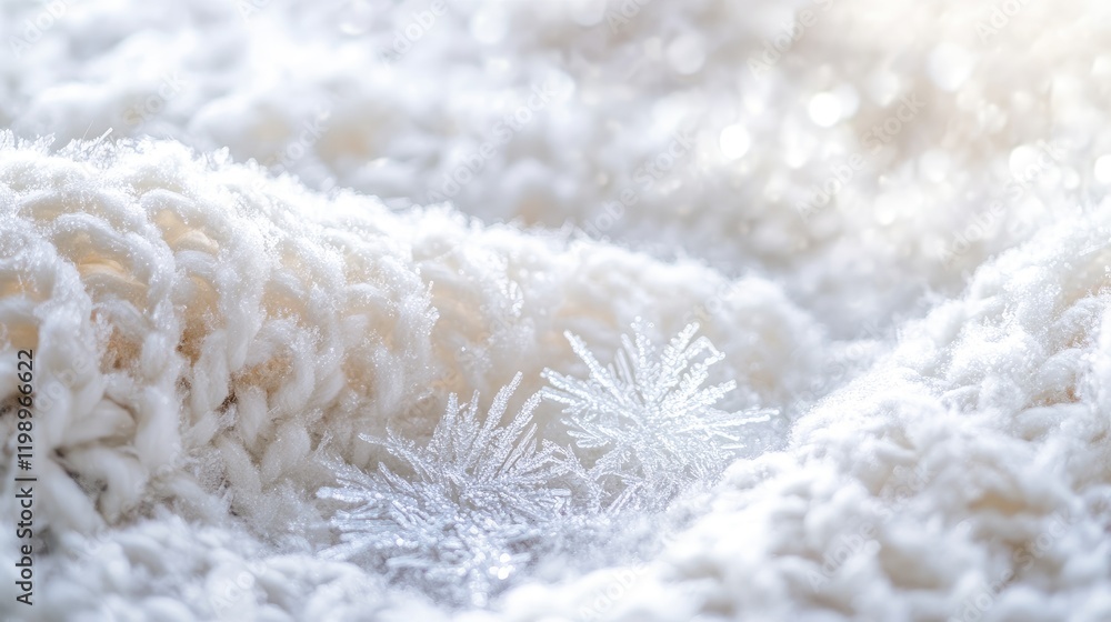 Poster close up of intricate frost crystals on soft white cozy sweater fabric with warm blurred background 