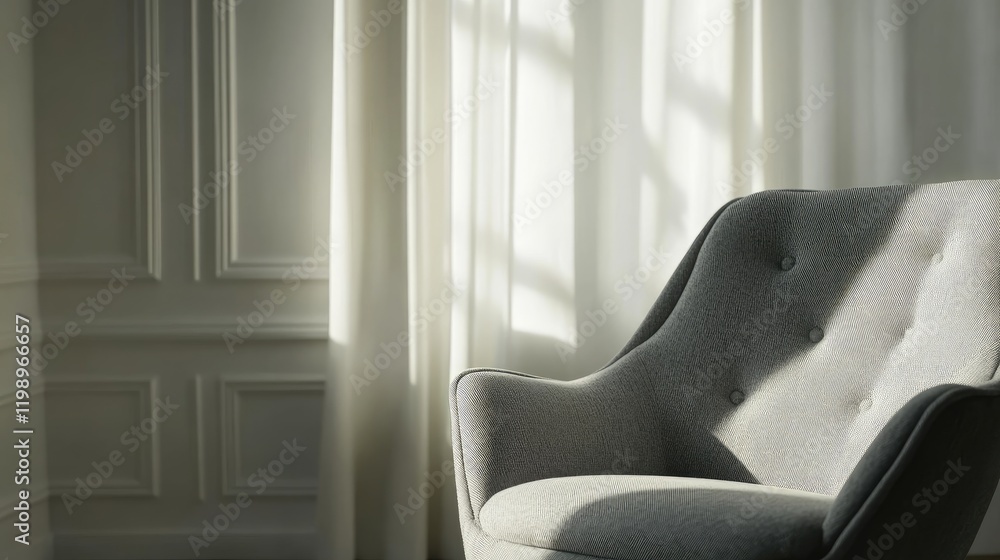 Poster cozy grey armchair positioned in bright scandinavian minimalist interior with soft white curtains an