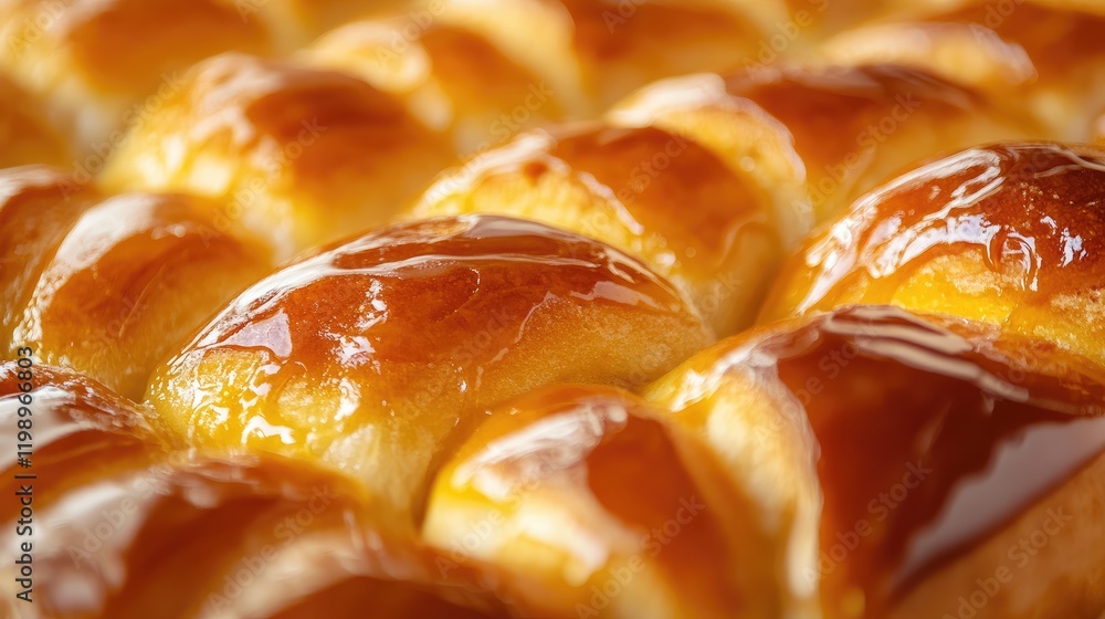 Poster freshly baked golden glazed bread loaves in warm tones with smooth texture and empty space for text 