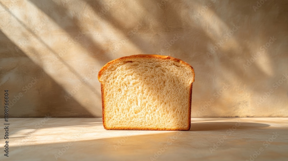 Poster freshly baked golden wheat bread loaf on rustic kitchen counter with soft shadows and neutral backgr